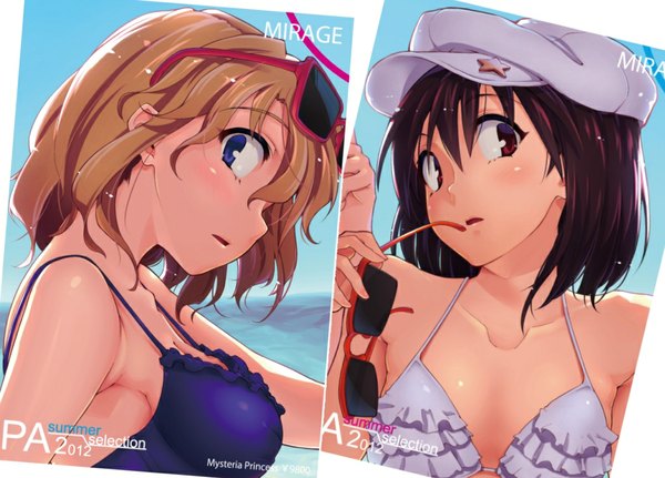 Anime picture 1050x755 with touhou usami renko maribel hearn aya shachou looking at viewer blush fringe short hair open mouth blue eyes light erotic brown hair bare shoulders multiple girls holding sky profile inscription wavy hair sunglasses on head