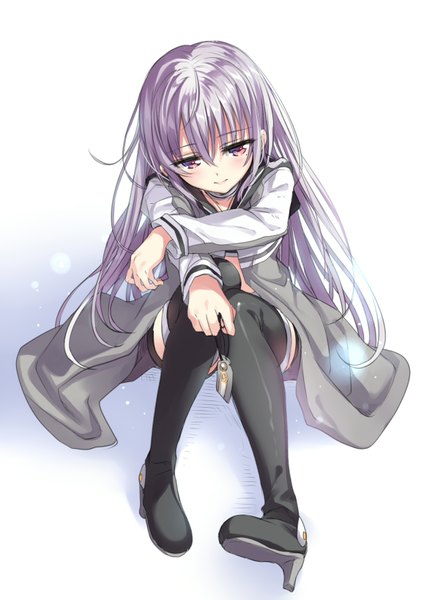 Anime picture 1157x1636 with original senri gan single long hair tall image looking at viewer blush smile sitting purple hair bent knee (knees) pink eyes high heels crossed arms girl boots pendant thigh boots