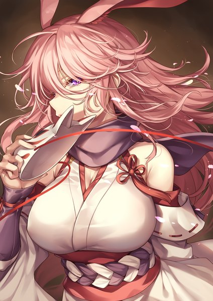 Anime picture 1060x1500 with honkai impact 3rd benghuai xueyuan honkai (series) yae sakura ks single long hair tall image looking at viewer fringe breasts light erotic simple background hair between eyes large breasts purple eyes bare shoulders holding animal ears pink hair