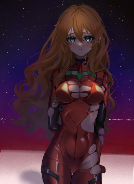 Anime picture 1744x2388 with neon genesis evangelion rebuild of evangelion evangelion: 3.0+1.0 thrice upon a time gainax soryu asuka langley shikinami asuka langley soso single long hair tall image looking at viewer blush fringe highres breasts blue eyes light erotic hair between eyes large breasts standing