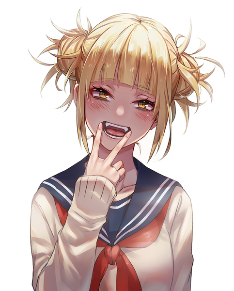Anime picture 1000x1240 with boku no hero academia studio bones toga himiko tight (ohmygod) single tall image looking at viewer blush fringe short hair open mouth blonde hair simple background white background yellow eyes payot upper body blunt bangs head tilt :d