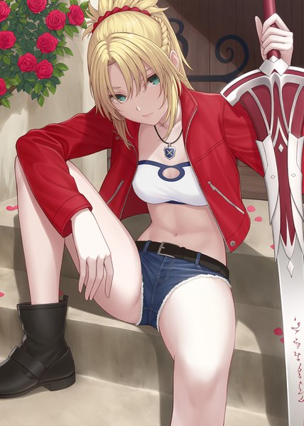 Anime picture 713x1000 with fate (series) fate/grand order mordred (fate) nananichi single long hair tall image looking at viewer fringe breasts light erotic blonde hair hair between eyes sitting holding green eyes payot outdoors ponytail braid (braids)