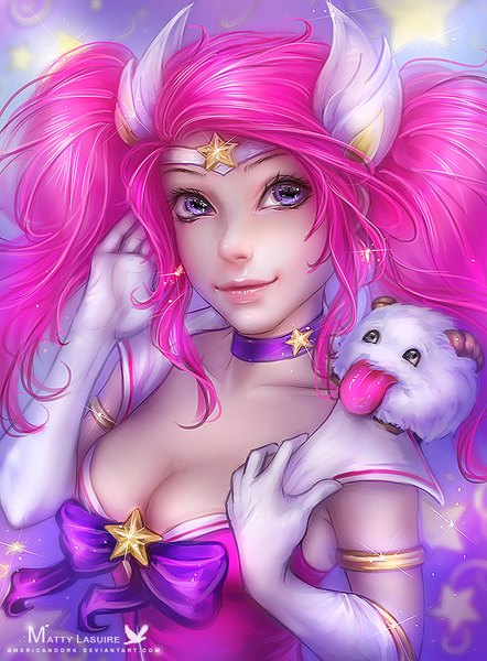Anime picture 664x900 with league of legends lux (league of legends) poro (league of legends) star guardian lux matty lasuire single long hair tall image breasts light erotic purple eyes twintails signed payot pink hair cleavage upper body from above lips sparkle