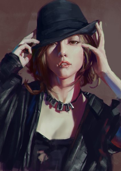 Anime picture 2480x3508 with original san miao single tall image looking at viewer highres short hair simple background brown hair brown eyes parted lips realistic open jacket lipstick portrait adjusting hat makeup brown background girl hat