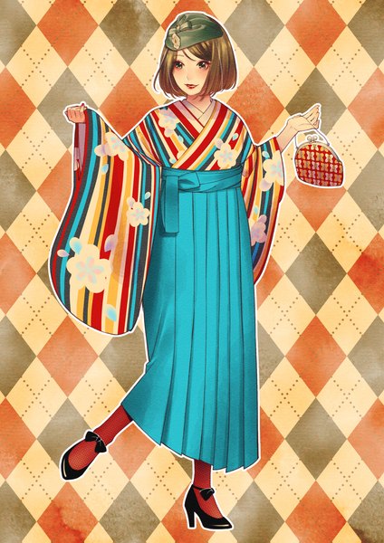 Anime picture 1447x2047 with original yoridoriyk single tall image short hair smile brown hair standing brown eyes looking away full body traditional clothes japanese clothes wide sleeves high heels lipstick standing on one leg red lipstick outline girl