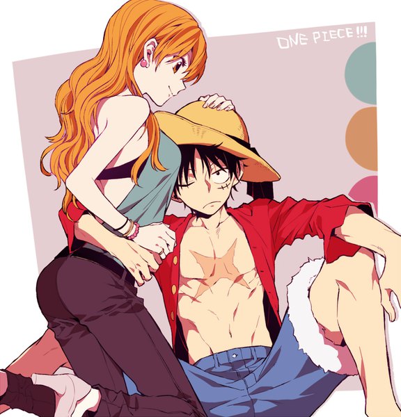 Anime picture 1000x1040 with one piece toei animation nami (one piece) monkey d. luffy hoyano long hair tall image looking at viewer short hair black hair sitting profile one eye closed orange hair spread legs fur trim copyright name hug kneeling scar