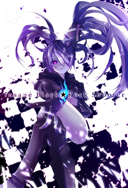 Anime picture 1711x2500 with black rock shooter insane black rock shooter takka (aegis9294) single long hair tall image looking at viewer fringe highres purple eyes twintails purple hair ass hair over one eye copyright name character names crossed legs outstretched arm checkered girl