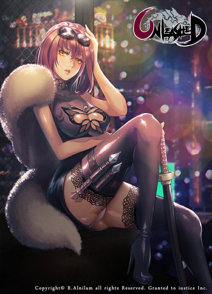 Anime picture 600x831 with unleashed r.alnilam single long hair tall image looking at viewer fringe breasts light erotic yellow eyes bent knee (knees) red hair pantyshot girl thighhighs underwear panties weapon black thighhighs sword
