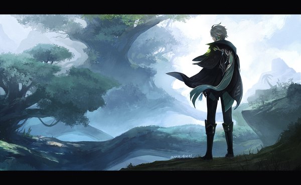 Anime picture 4538x2782 with genshin impact alhaitham (genshin impact) anna (drw01) single highres short hair wide image standing signed absurdres full body outdoors grey hair from behind turning head letterboxed boy plant (plants) tree (trees) vision (genshin impact)