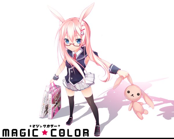 Anime picture 1310x1050 with original usagihime single long hair blush blue eyes white background pink hair shadow bunny ears girl thighhighs skirt black thighhighs miniskirt glasses toy bag stuffed animal