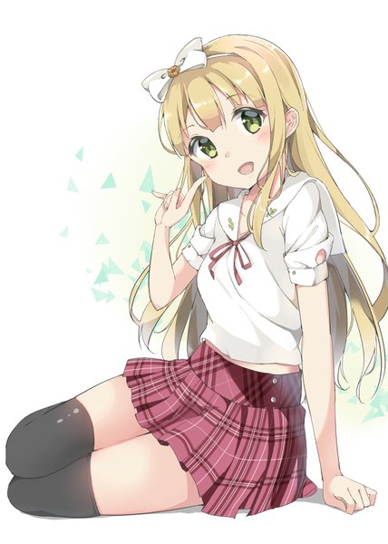 Anime picture 600x840 with hentai ouji to warawanai neko j.c. staff azuki azusa chikuwa. single long hair tall image looking at viewer blush fringe open mouth simple background blonde hair white background sitting green eyes girl thighhighs uniform bow