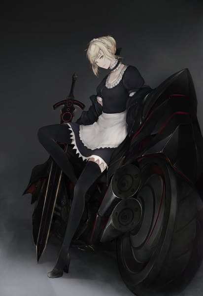 Anime picture 1556x2265 with fate (series) fate/grand order artoria pendragon (all) saber alter marumoru single tall image looking at viewer short hair simple background blonde hair yellow eyes payot off shoulder grey background open jacket maid hair bun (hair buns) high heels leaning