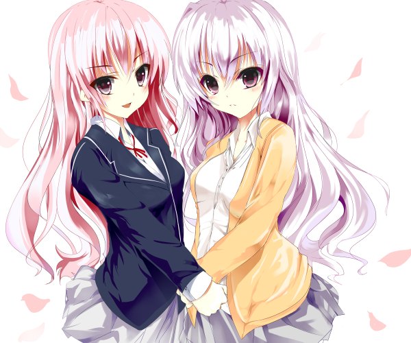 Anime picture 1200x1000 with original kown (artist) looking at viewer blush simple background smile white background multiple girls pink hair silver hair pink eyes girl uniform 2 girls school uniform
