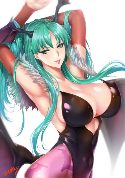 Anime picture 1765x2500 with vampire / darkstalkers (game) capcom morrigan aensland zucchini single long hair tall image looking at viewer fringe highres breasts light erotic simple background standing white background green eyes signed horn (horns) green hair blurry