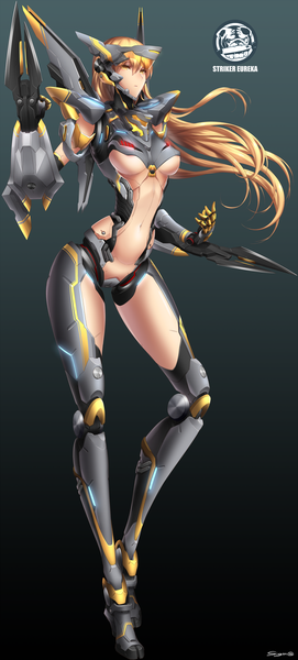 Anime picture 543x1200 with pacific rim striker eureka sigma99 single long hair tall image light erotic blonde hair yellow eyes midriff black background mechanical girl navel weapon android