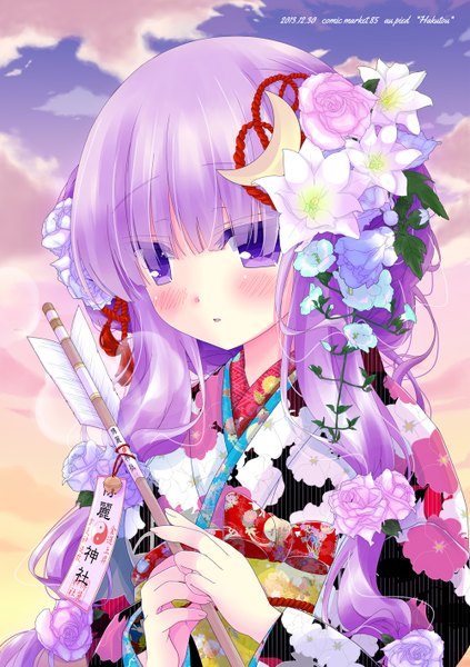 Anime picture 1000x1417 with touhou patchouli knowledge shiromomo single long hair tall image blush purple eyes purple hair cloud (clouds) traditional clothes japanese clothes hair flower girl hair ornament flower (flowers) kimono kanzashi