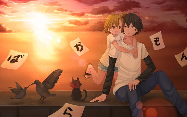 Anime picture 1920x1200 with nichijou barakamon kyoto animation sakamoto (nichijou) kotoishi naru handa seishuu kazenokaze highres short hair black hair brown hair sitting brown eyes sky cloud (clouds) one side up evening sunset boy animal