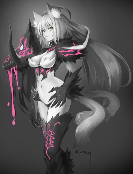 Anime picture 1032x1344 with fate (series) fate/grand order atalanta (fate) atalanta (alter) (fate) tyone single long hair tall image looking at viewer fringe breasts light erotic hair between eyes standing green eyes signed animal ears cleavage ahoge tail