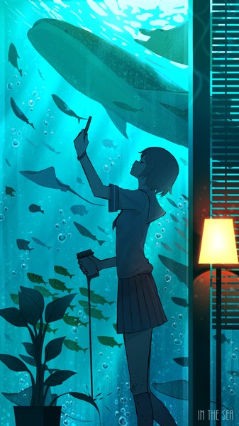 Anime picture 1477x2630 with original pasoputi single tall image short hair standing indoors profile text looking up english spill girl uniform plant (plants) animal serafuku fish (fishes) mobile phone smartphone