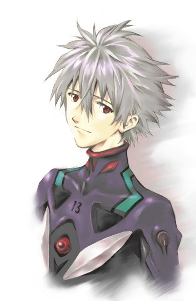 Anime picture 650x1000 with neon genesis evangelion gainax nagisa kaworu mc single tall image looking at viewer fringe short hair simple background hair between eyes red eyes white background upper body grey hair portrait boy pilot suit