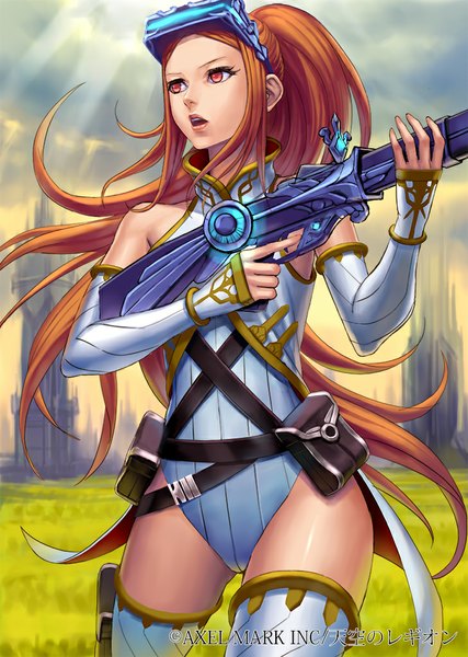 Anime picture 729x1024 with lotz (artist) single long hair tall image open mouth light erotic standing holding looking away ponytail lips orange hair orange eyes girl weapon detached sleeves gun building (buildings) assault rifle