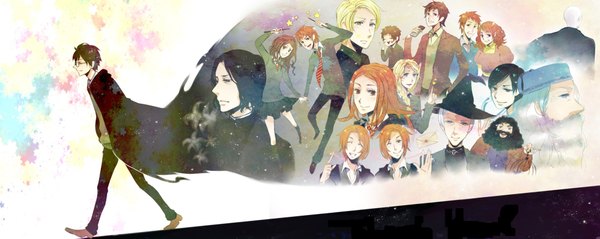 Anime picture 2048x819 with harry potter hermione granger severus snape harry potter (character) draco malfoy ron weasley fred weasley george weasley ginny weasley rubeus hagrid long hair highres short hair open mouth black hair blonde hair smile red eyes brown hair wide image