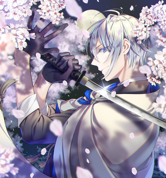 Anime picture 840x900 with touken ranbu nitroplus yamanbagiri chougi noes single tall image looking at viewer short hair blue eyes silver hair upper body outdoors profile light smile cherry blossoms weapon over shoulder boy gloves weapon plant (plants)