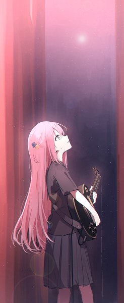 Anime picture 616x1500 with bocchi the rock! cloverworks gotou hitori rangu single long hair tall image blue eyes standing pink hair profile one side up looking up girl skirt hair ornament t-shirt musical instrument guitar electric guitar
