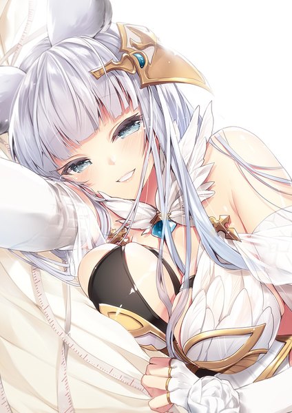 Anime picture 723x1023 with granblue fantasy korwa (granblue fantasy) 218 single long hair tall image looking at viewer blush fringe breasts blue eyes light erotic smile animal ears silver hair lying parted lips on side breast press girl