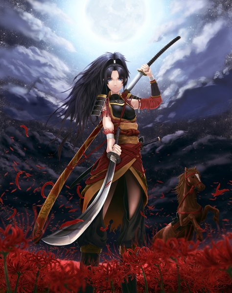 Anime picture 1581x2000 with original wolfedge (artist) single long hair tall image blue eyes black hair sky cloud (clouds) night night sky torn clothes girl flower (flowers) weapon animal petals sword armor katana