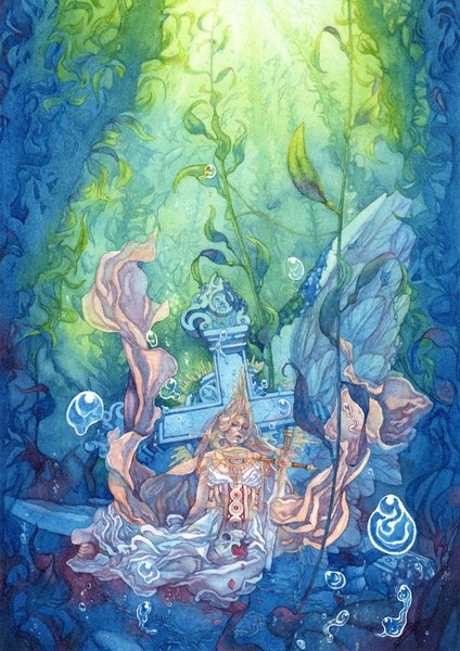 Anime picture 1414x2000 with original shuka (artist) single long hair tall image blue eyes blonde hair underwater girl dress plant (plants) sword water cross bubble (bubbles) fish (fishes)