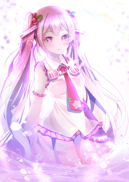 Anime picture 900x1273 with vocaloid hatsune miku sakura miku naramiyaya single tall image looking at viewer blush fringe simple background white background twintails bare shoulders pink hair very long hair pink eyes :o partially submerged headphones around neck girl