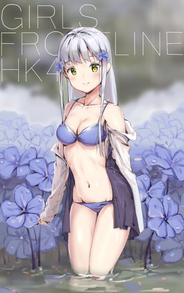 Anime picture 831x1318 with girls frontline hk416 (girls frontline) nather single long hair tall image looking at viewer blush fringe breasts light erotic smile bare shoulders yellow eyes payot cleavage silver hair hair flower blurry off shoulder