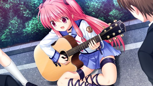 Anime picture 1280x720 with angel beats! key (studio) yui (angel beats!) na-ga long hair blush fringe short hair open mouth hair between eyes wide image sitting looking away pink hair game cg ahoge :d pleated skirt pink eyes from above