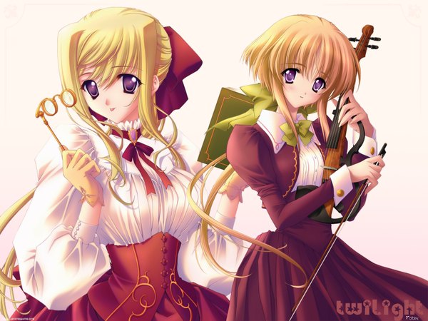 Anime picture 1600x1200 with carnelian long hair looking at viewer fringe blonde hair hair between eyes white background purple eyes multiple girls third-party edit girl dress gloves 2 girls glasses bowtie book (books) musical instrument violin yellow gloves