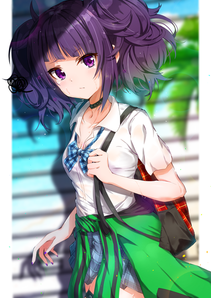 Anime picture 1240x1754 with idolmaster idolmaster shiny colors tanaka mamimi kuria (clear trip second) single tall image looking at viewer blush fringe short hair breasts standing purple eyes twintails payot purple hair outdoors nail polish fingernails short sleeves