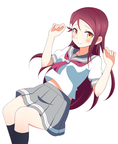 Anime-Bild 2480x3032 mit love live! sunshine!! sunrise (studio) love live! sakurauchi riko twoface single long hair tall image looking at viewer blush fringe highres simple background smile hair between eyes white background yellow eyes red hair pleated skirt girl