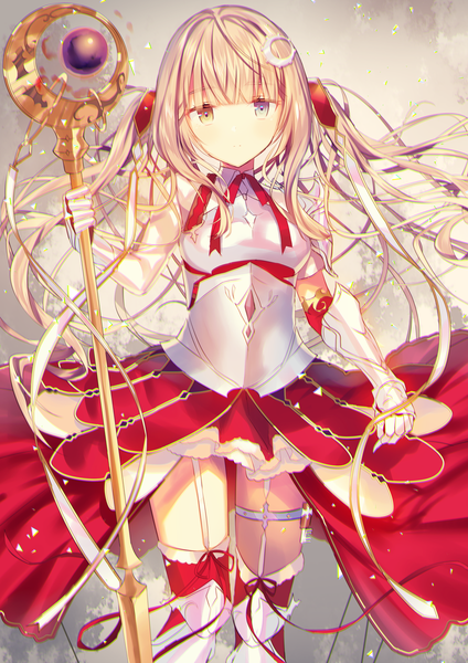 Anime picture 848x1200 with original yosuga ioru single long hair tall image looking at viewer fringe blonde hair standing twintails holding payot blunt bangs heterochromia floating hair expressionless girl thighhighs hair ornament ribbon (ribbons)