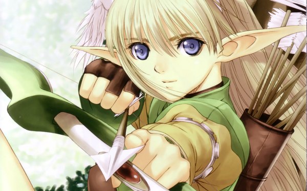 Anime picture 1680x1050 with shining (series) shining tears elwing tony taka highres blue eyes blonde hair wide image pointy ears wallpaper elf head wings archery girl bow (weapon) arrow (arrows)