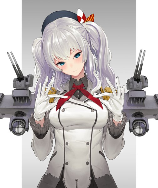 イラスト 1000x1190 と 艦隊これくしょん 鹿島(艦これ) 反骨MAX ソロ 長髪 長身像 カメラ目線 赤面 青い目 笑顔 white hair 女の子 手袋 武器 白手袋 銃砲 肩章