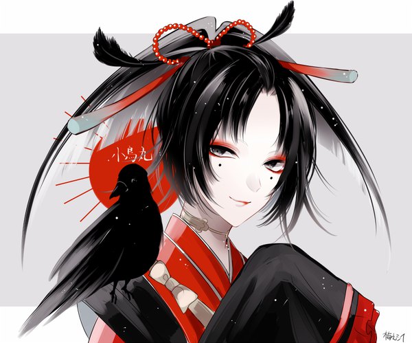 Anime picture 800x666 with touken ranbu nitroplus kogarasumaru (touken ranbu) umeno shii long hair black hair ponytail traditional clothes head tilt japanese clothes mole grey eyes mole under eye sleeves past wrists pale skin eyeshadow animal on shoulder bird on shoulder boy animal