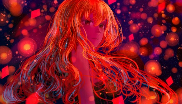 Anime picture 1470x840 with original bounin single long hair fringe wide image sky multicolored hair night from below orange eyes light close-up girl
