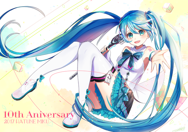 Anime picture 1200x848 with vocaloid hatsune miku omelet tomato single looking at viewer blush fringe open mouth smile hair between eyes sitting twintails bare shoulders holding full body bent knee (knees) very long hair nail polish :d aqua eyes