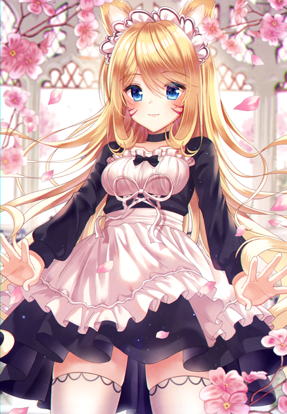 Anime picture 2892x4171 with original ecu8080 single long hair tall image looking at viewer blush fringe highres breasts blue eyes blonde hair smile hair between eyes standing animal ears payot tail animal tail blurry
