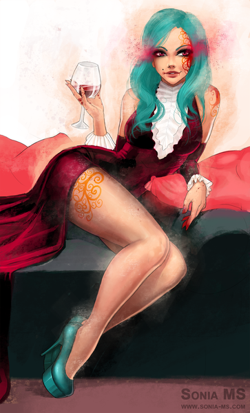 Anime picture 1024x1690 with original msonia single long hair tall image red eyes sitting bare shoulders aqua hair mole bare legs tattoo high heels vampire girl dress detached sleeves shoes pillow bed