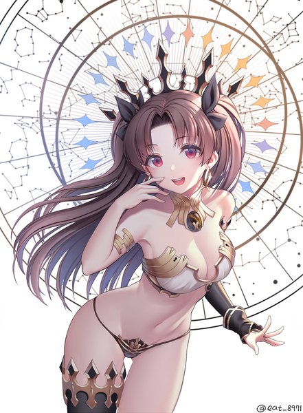 Anime picture 1450x1970 with fate (series) fate/grand order ishtar (fate) eat 8971 single long hair tall image looking at viewer fringe breasts open mouth light erotic red eyes brown hair standing bare shoulders signed cleavage head tilt :d
