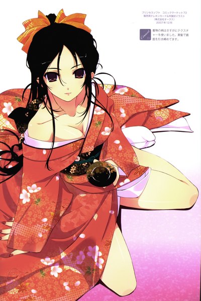 Anime picture 2329x3486 with murakami suigun single long hair tall image highres light erotic black hair red eyes white background cleavage nail polish japanese clothes girl bow hair bow kimono