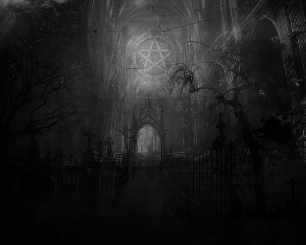 イラスト 1280x1024 と オリジナル tagme (artist) dark background landscape 植物 木 十字 塀 church cemetery