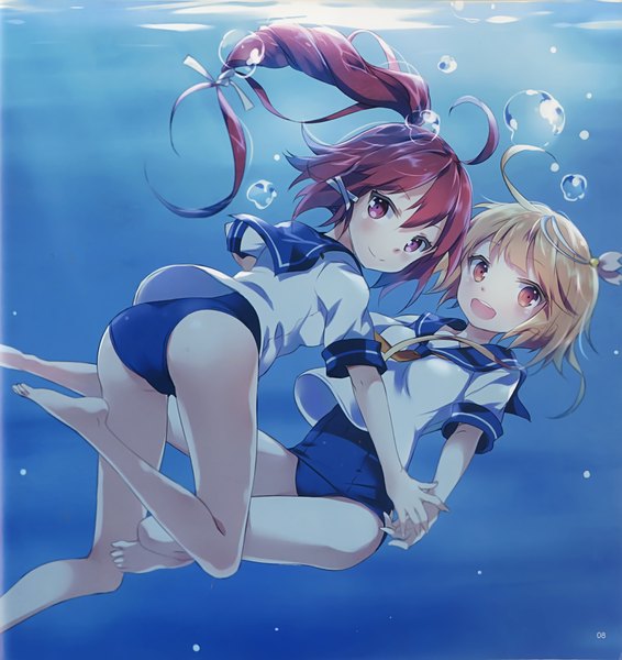 Anime picture 2021x2140 with kantai collection i-58 submarine i-168 submarine nyanya long hair tall image looking at viewer blush highres short hair light erotic blonde hair smile red eyes multiple girls brown eyes red hair underwater girl uniform