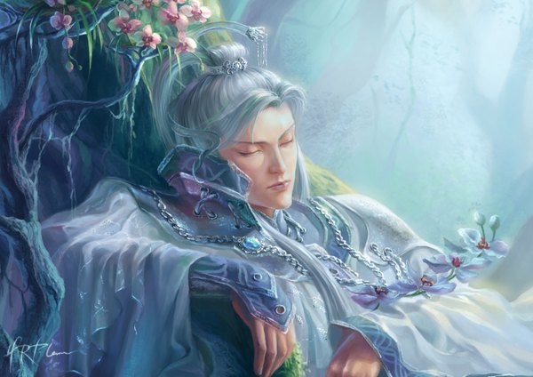 Anime picture 1413x1000 with hrfleur single long hair blue hair lying eyes closed traditional clothes realistic boy hair ornament flower (flowers) plant (plants) tree (trees)